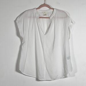 H&M Split V-Neck Top Blouse Womens Sz L White Band Collar Short Cap Sleeves